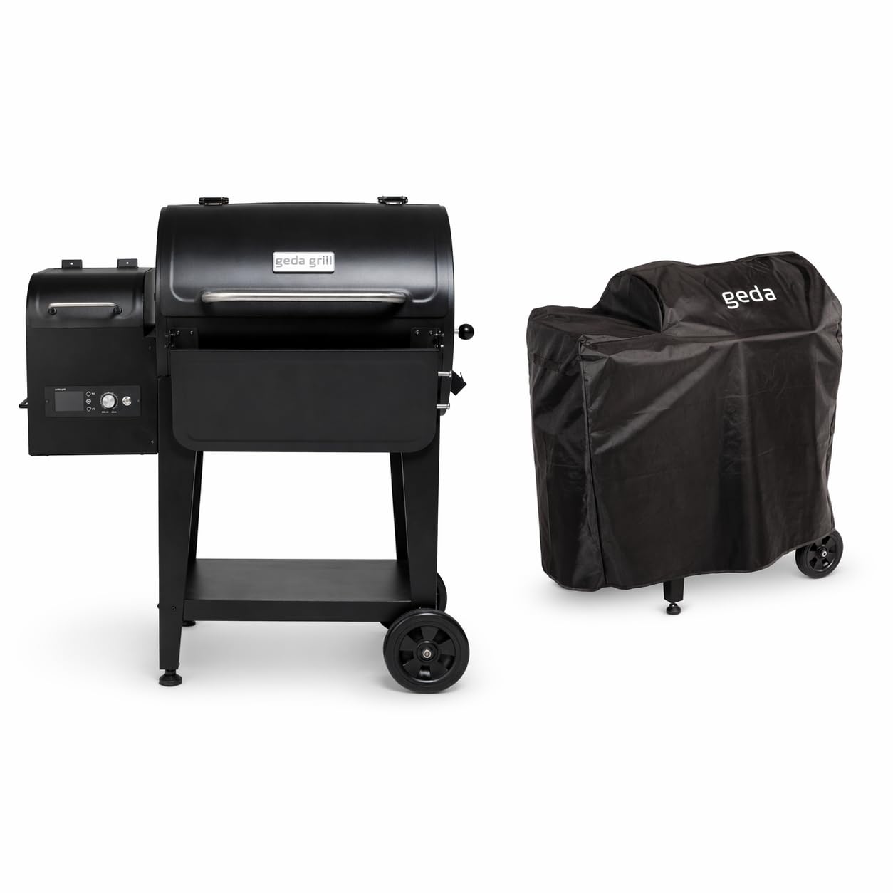 GEDA Grill Pelletsmoker 'Odin' 80°C - 265°C, Pelletgrill mit Direkt Feuer, Räucherofen inkl. Fleischsonde, ausklappbare Ablage, Smoker elektrisch ('ODIN 65', Controller Plus mit Wlan + Abdeckhaube)