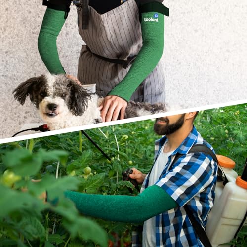Image of OriStout Cut Resistant Farmer Sleeves with Tumb Hole, Dark Green, 1 Pair | Arm Protectors for Thin Skin and Bruising, Arm Guards for Biting, Pet Grooming, Gardening, Welding, Kitchen, One Size