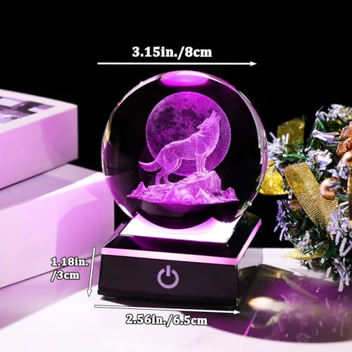 Image of Arikyrist 3D Moon Wolf Crystal Ball Figurine with Colorful LED Base, Laser Wolf Gifts for Women Men Wolves Lovers, Wolf Statue Glass Animal Decorative Ball for Christmas Birthday Home Decor (80mm)