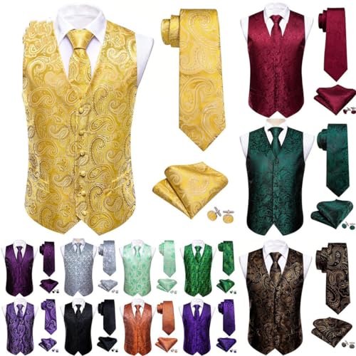 Silk Men Vest Tie Hanky Cufflinks Set Paisley Floral Waistcoat Sleeveless Jacket Wedding Business2
