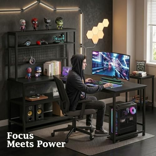Image of L Shaped Table | Wooden Office Table with Bookshelf | Computer Desk with Storage Shelves for Home & Office | Modern Workstation Desk for Laptop, Study & Work from Home Setup | Black | 140x50x150 cm
