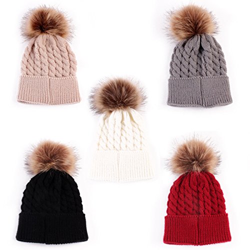 oenbopo Baby Winter Warm Knit Hat Infant Toddler Kid Crochet Fur Hairball Beanie Cap Black