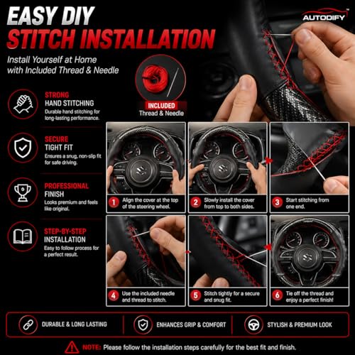 Image of Stitchable Carbon Fiber Steering Wheel Cover for Car - Leather Anti-Slip Grip, Universal Fit, Durable & Breathable Steering Wheel Protector, Easy Hand Stitch Install (Black with Red Stitch)