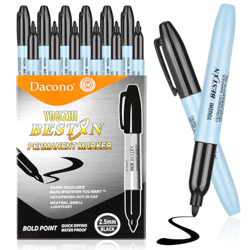 Dacono Bolígrafos de Marcadores Permanentes, 12 Marcadores Permanentes - Punta de Espesor de 2.5 Mm de Espesor, Marcas Permanentes Negras para Madera, Roca, Plástico, Cuero, Vidrio, Piedra, Metal