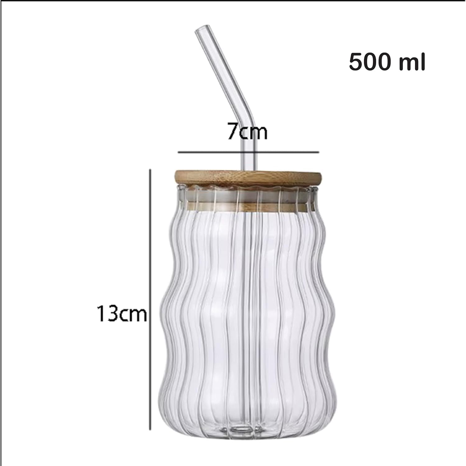 renovon 500ml Bambu Kapaklı Cam Bardak, Cam Pipetli Silikon Kapak Contalı İnce Çizgi Desenli Sıcak Soğuk İçecekler için Kahve Meyve Suları ve Çayları için Ergonomik Şık Tasarım