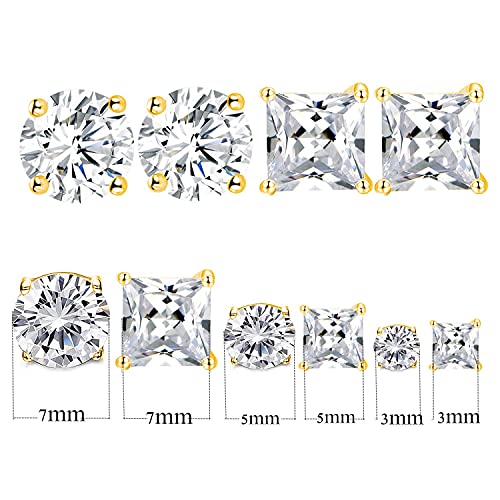 Simulated Diamond Stud Earrings Packs For Women 18K Yellow Gold Plated Cz Cubic Zirconia Ear Piercing Earringings Mens Hypoallergenic Jewelry Set Gifts 3/5/7Mm(6 Pairs Gold) #TOP6