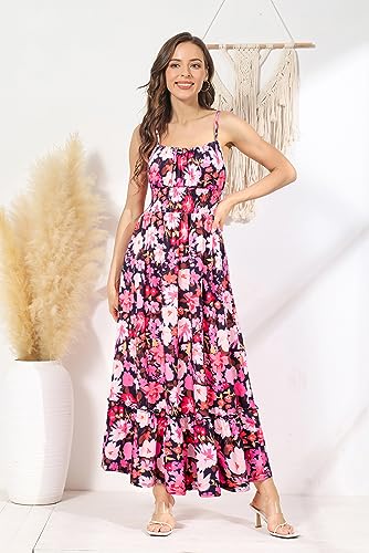 Image of GRACE KARIN Summer Dresses for Women 2026 Vacation,Smocked Floral Maxi Dress,Boho Beach Sundress with Pocket Fashion Clothing