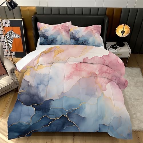 Colorful Watercolor Art Mabrle Pattern Comforter Set Pink Blue Gold Abstract Marbling Print Girls Women Bedding Duvet Set for King Size Bed Soft Texture Kids Adult Bedroom Quilt Set with 2Pillowcases