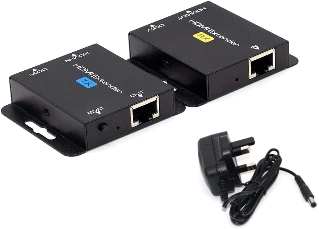 Rallonge HDMI via Ethernet avec POC (alimentation TX uniquement requise) - 1080p @ 60Hz, convertisseur HDMI vers RJ45, prend en charge EDID, pour Cat5e/Cat6/Cat7, avec bloc d'alimentation 5 V