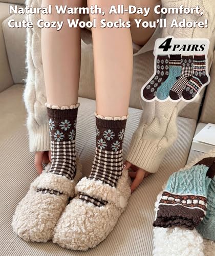 Image of IIG Cute Warm Wool Socks for Women Super Cozy Thick Crew Winter Socks Gifts, 5 Pairs