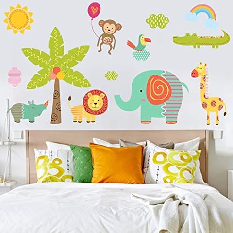 Jungle Animal Wall Stickers,Palm Tree Wall, Decals Elephant Giraffe Crocodile Monkey Rhino Stickers DIY Wall,Forest Animal Decals Decoration,Removable Art Decor for Baby Nursery Bedroom Wall Decals Cover