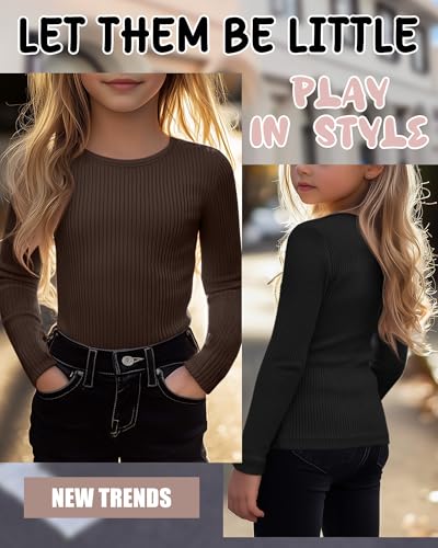 Image of 4 Pack Girls Long Sleeve Shirts Ribbed Knit Cotton Crewneck Tops Slim Fit Soft Casual Kids Base Layer Undershirts