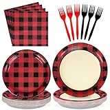 96PCS Red and Black Buffalo Plaid Graduation Party Supplies Lumberjack Plaid Party Plates and Napkins Disposable Graduation Red Black Gingham Tableware for Birthday Vintage Party Decorations Serves 24
