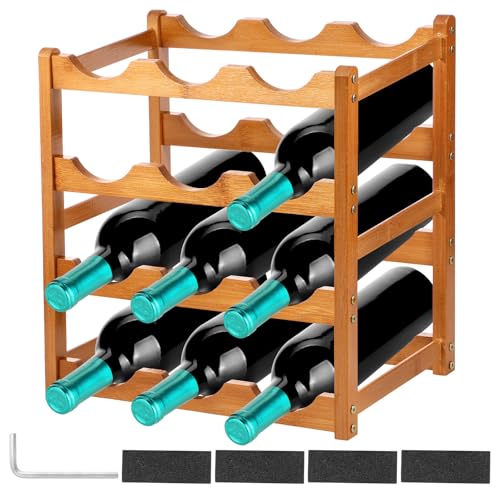 4 Tier Wood Wine Rack 12 Bottles Wine Storage Holder Free Standing Wine Display Rack for Countertop Strong Load Bearing Liquor Storage Shelf for Bar Kitchen Pantry Dining Room