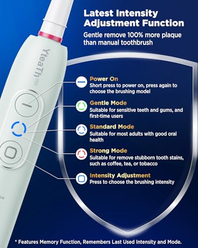 Image of Electric Toothbrush for Sensitive Teeth - Adult Toothbrushes with 3 Intensities 5 Modes, 8 Brush Heads, IPX7 Waterproof, Travel Electric Toothbrush, Light Green