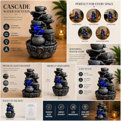 Image of ALiLa 15 Inch Tabletop Rock Waterfall Fountain with LED Lights | Indoor Outdoor Water Fountain for Home, Office, Living Room, Garden, Balcony & Patio Decor (38 cm)