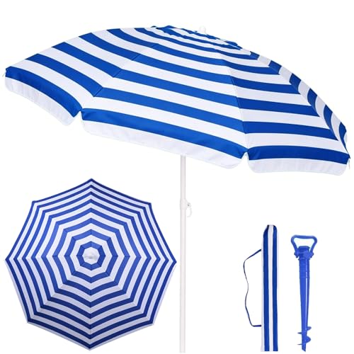 MIMOCASA Sombrilla Playa, Protección UV+50, Sombrilla Antiviento, Soporte Metálico, Mástil Inclinable y Regulable Altura, Bolsa Transporte y Soporte Arena (Azul+Blanco, 180cm)