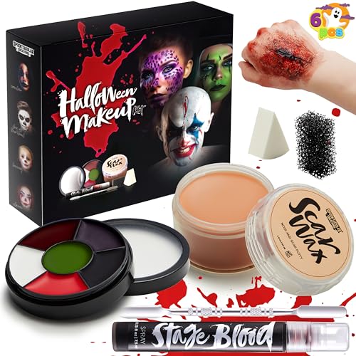 Spooktacular Creations 6 PCS Halloween Makeup Kit Face Painting Set,6 Colors Bruise Makeup Palette,Scar Wax with Spatula Tool,Blood Spray,Stipple Sponges,SFX Costume Cosplay Party for Adult and Kids