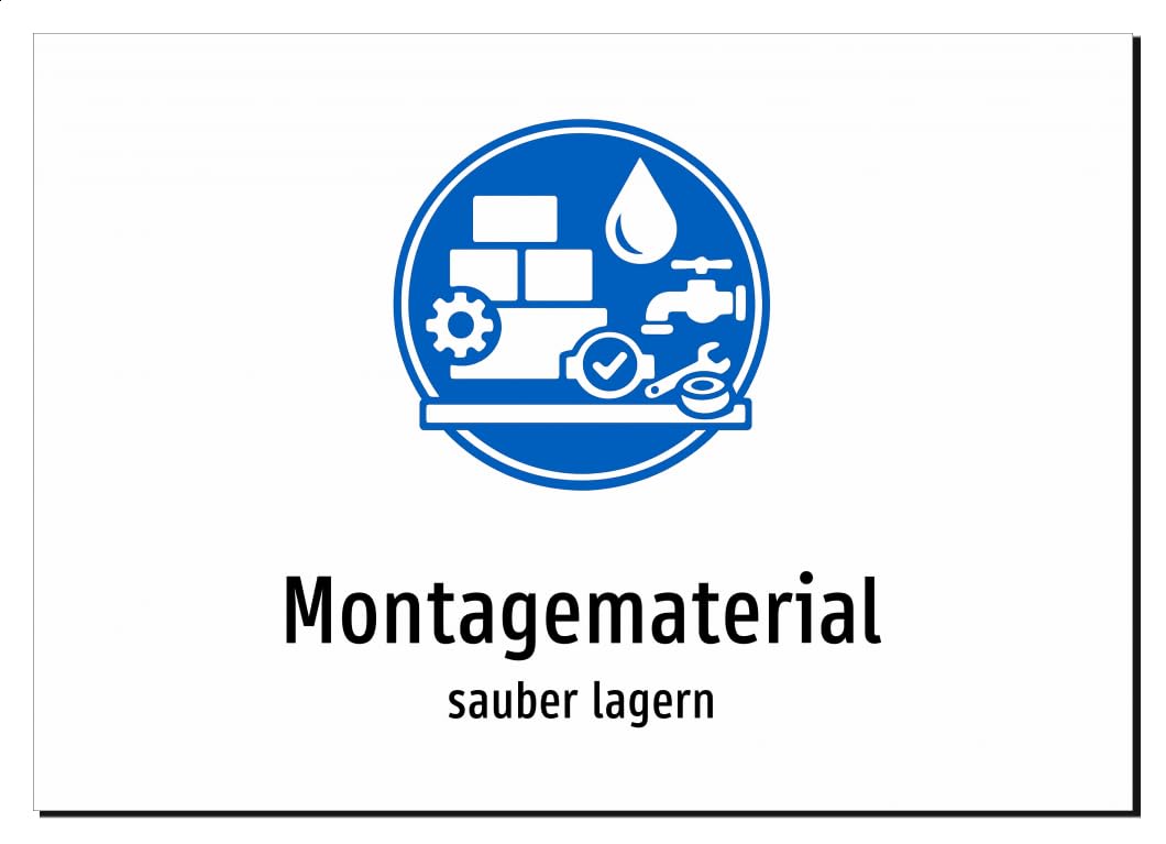 31199-DE-S-09 | Montagematerial - sauber lagern | Aluminiumschild A2, 594 x 420mm | mit Symbolgrafik und Text