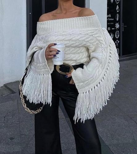 Unybwonn Women Off The Shoulder Fringe Cropped Sweater Long Sleeve Sexy Pullover Y2k Cute Streetwear Knit Tassel Top2