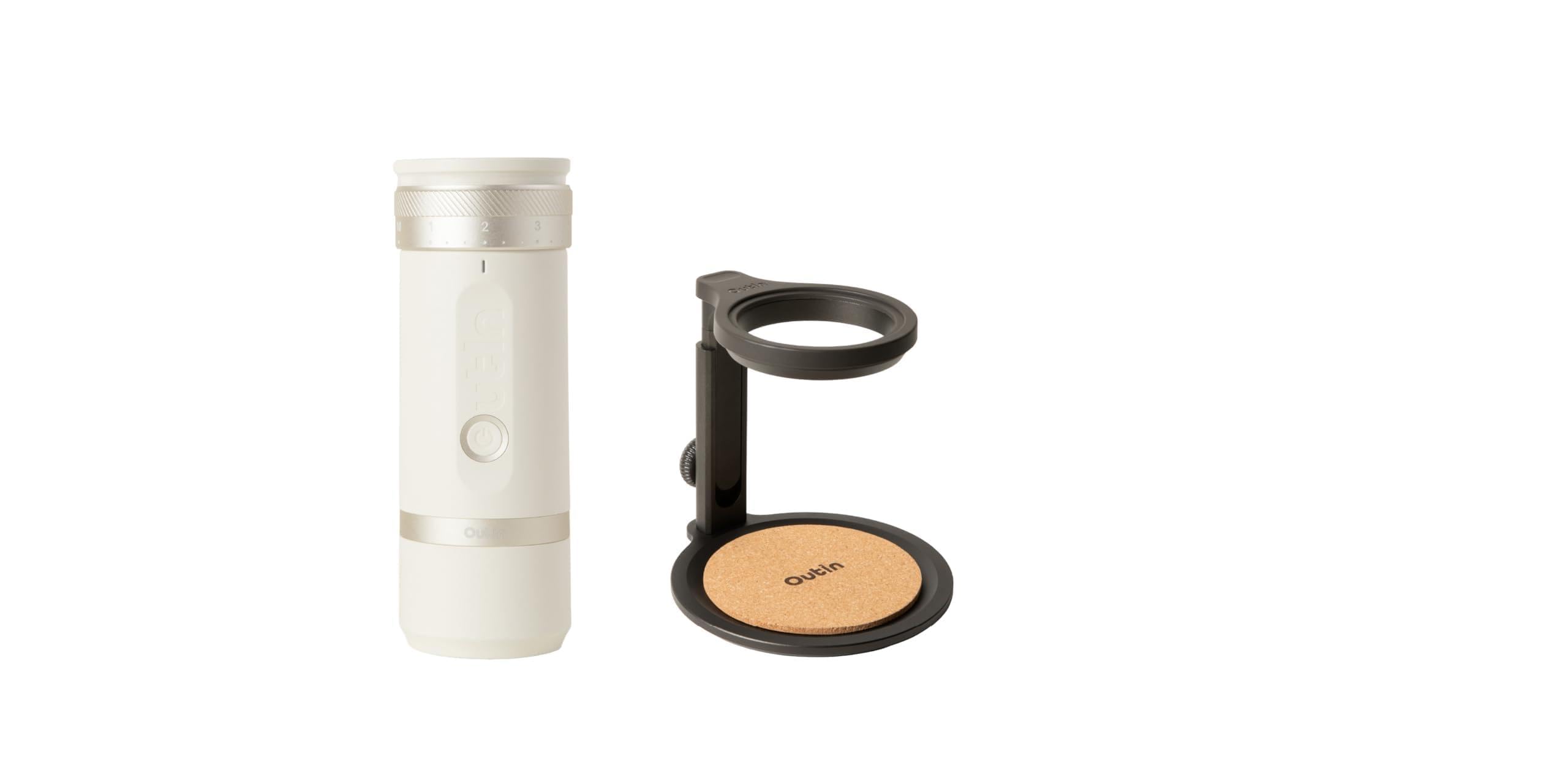 OutIn Fino Molinillo de café eléctrico portátil con OutIn Soporte universal para café (con base de corcho)