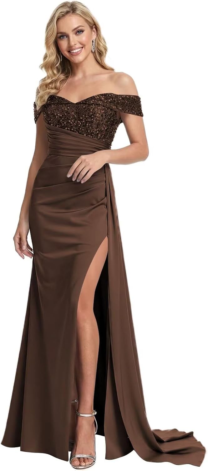Sparkly Sequin Mermaid Prom Dresses for Teens 2026 Off Shoulder Pleated Satin Long Formal Gown with Slit Train L05005