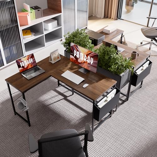 Image of Pamray 47 Inch Reversible L Shaped Gaming Desk Corner Computer Desk with Storage Bag Home Office Table for Writing Study Brown