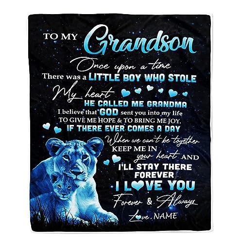 TeesNow Personalized to My Grandson Lion Blanket from Grandma I'll Stay There Forever Grandson Birthday Graduation Christmas Customized Bed Quilt Fleece Blanket (50 x 60 in Youth Size)