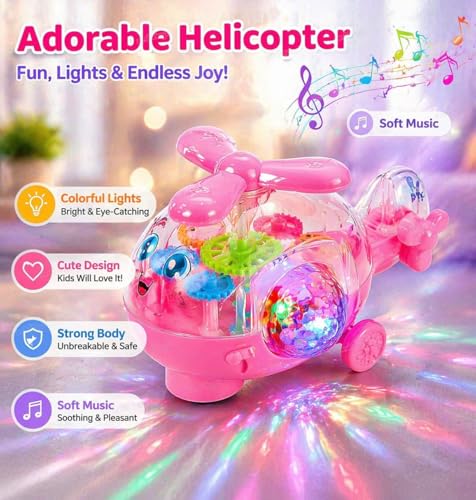 Image of Zest 4 Toyz Musical Toy Helicopter Toys for Kids with Flashing 3D Lights | Bump and Go | Battery Operated Electric Toy | Colorful Lights Transparent Gear Helicopter for Boys & Girls Age 3+ - Pink