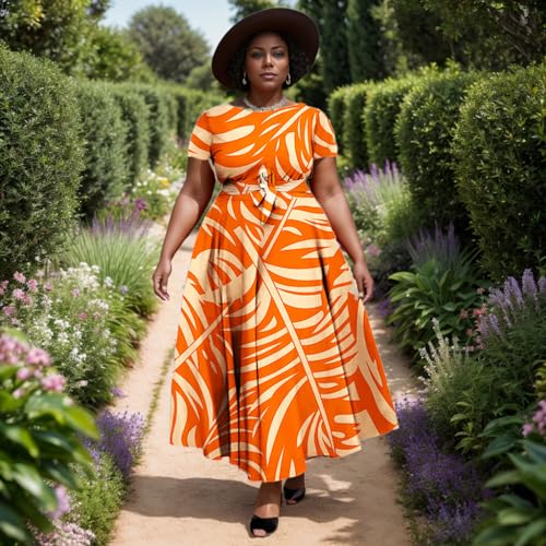 Image of Hostoyo Women Plus Size Formal A Line Maxi Dress Self Tie Waist with Pockets Elegant Round Neck Swing Long Dresses