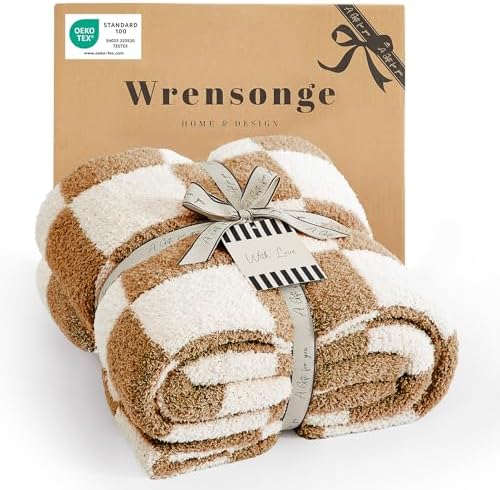 WRENSONGE Fall Checkered Throw Blanket, Burnt Orange Soft Cozy Fl...