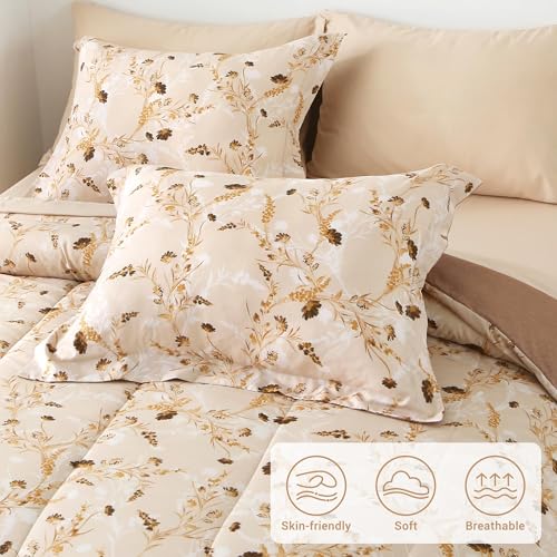 Image of Floral Queen Comforter Set with Sheets, 7 Piece Luxury Vintage Bedding, Soft Microfiber Bed in a Bag, Cozy Lightweight Bed Set, Beige Flower Botanical