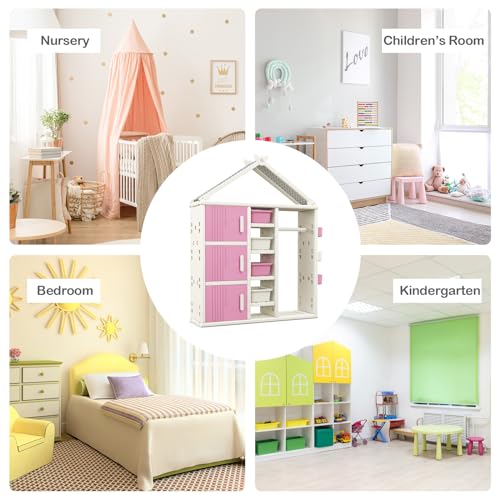 FANTASK Kinderregal in Hausform, 130 x 34 x 156 cm, Kindergarderobe mit Regalen, Seitenkörben & 4 Aufbewahrungsboxen, Kinder Kleiderschrank für Kinderzimmer (Rosa)