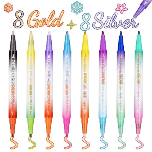 TEVILIK 16 Colors Dual Tip Outline Shimmer Marker - Easter Basket Stuffers for Teen Girl Trendy Stuff Cards Drawing Scrapbook Art Supplies DIY Crafts, Glitter Markers Age 4-14 for Kids Doodle