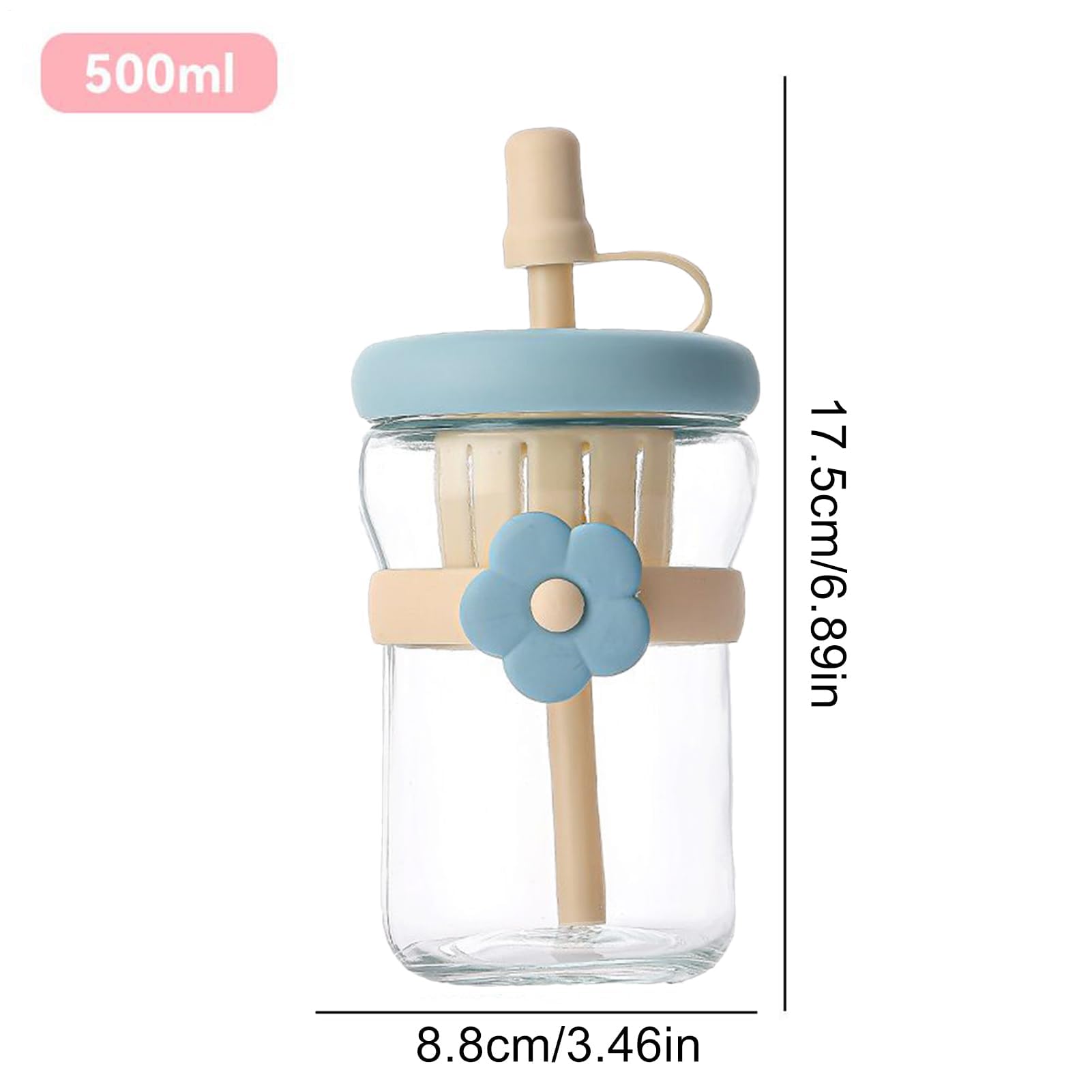 Wiederverwendbare Glasflasche, 500 ml, transparenter Trinkbehälter mit auslaufsicherem Deckel und Silikon-Trinkhalm, tragbare Getränkelösung für Reisen, Fitnessstudio, Schule, Büro, Zuhause