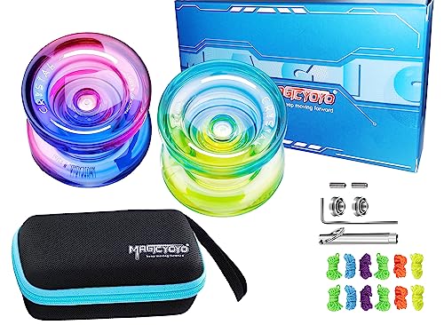 Image of MAGICYOYO Responsive & Unresponsive Yoyo K2 Crystal Blue-Yellow + Pink-Purple, Dual Purpose for Kids & Advanced Players, Polycarbonate Material, 12 Strings + 2 Bearings + Case