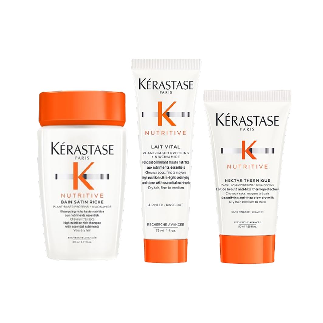 Kérastase, Nutritive, Pflegeroutine mit Shampoo und Haarkur und pflegendem Hitzeschutz, Pflegt trockenes Haar, Feuchtigkeitsspendend und revitalisierend, Probierset für mehr Glanz und Geschmeidigkeit