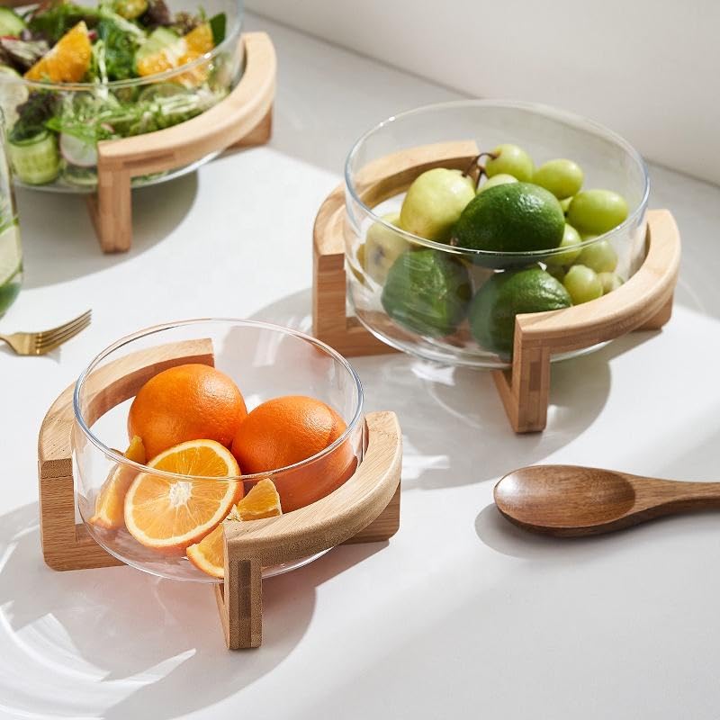 Image of Premium Glass Fruit Bowl with Natural Bamboo StandSet of 1, Large Modern Decorative Centerpiece for Kitchen Countertop Versatile Serving Bowl for Salads, Snacks, and Table Decor