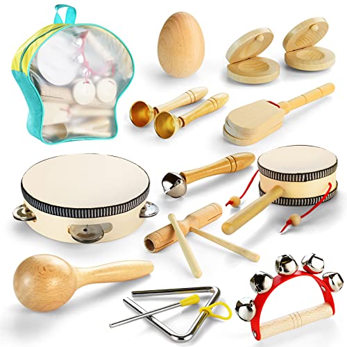 Kids Musical Instruments Toys, 14Pcs Natural Wooden Percussion Instruments Toy Sets for Childrens Preschool Educational, Musical Toys for Kids and Toddlers