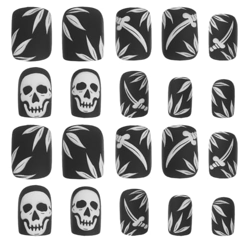 SAFIGLE 24 Piezas Uñas Postizas Cortas Calavera Diseño Adhesivas Negras para Halloween Manicura Completa Cubierta Estilo Gótico