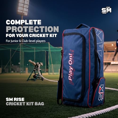 Image of SM Rise Cricket Kit Bag with Wheels | Wheelie Cricket Bag | Premium Ripstop Fabric | Heavy-Duty Wheel System | Separate Bat Pocket | Lockable U-Zip | Rust-Proof | Easy Transportation Cricket Bag