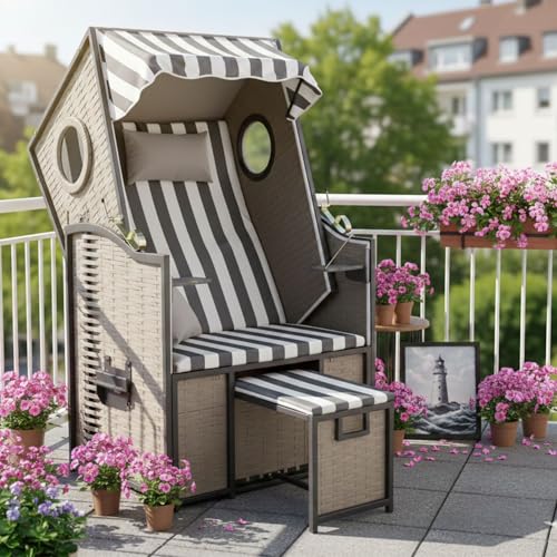 Wohnando Bulli Strandkorb XXL mit Bullauge - Hochwertiger Liegestuhl für Garten & Outdoor, Ostsee Design, 1-Sitzer Sonnenliege, Strandkörbe...