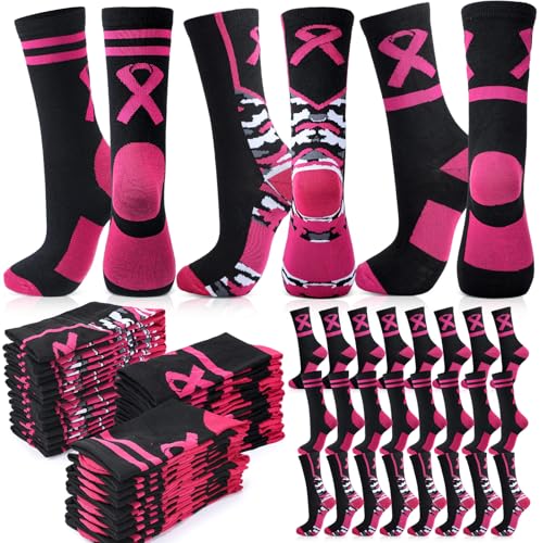 Image of Haysandy 24 Pairs Breast Cancer Awareness Socks Bulk Pink Ribbon Socks Women Football Volleyball Softball Cheer Pink Out Game