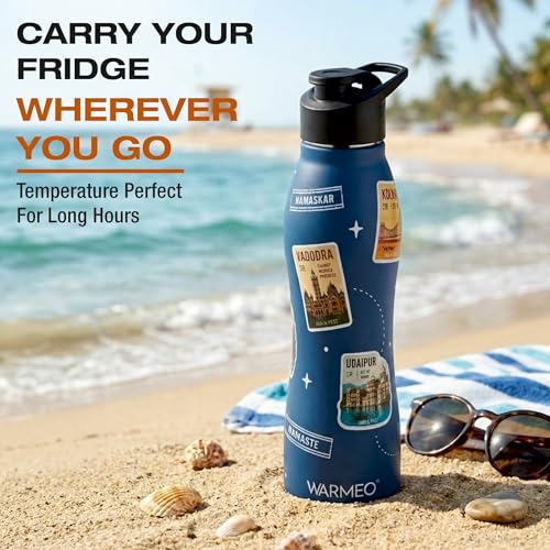 Image of WARMEO VIBE 1000 Stainless Steel Water Bottle 1000 ml | Incredible India 3D Embossed Design | Single Walled, ISI Certified I Leak Proof Lid, Rust Proof I For School, Office, Gym I Blue