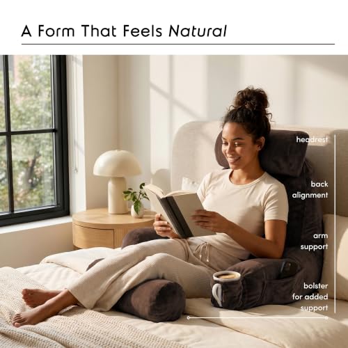 Image of Nestl Reading Pillow with Shredded Memory Foam Includes 2 Neck and Lumber Support Pillows, Designed for Sitting Up in Bed and Couch, Back and Arms Adjustable Support for Adult & Teens, Chocolate Brown