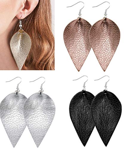 AMBESTEE Leather Earrings Dangles,3 Pairs Lightweight Handmade Faux Leather Leaf Dangle Earrings for Women Girls