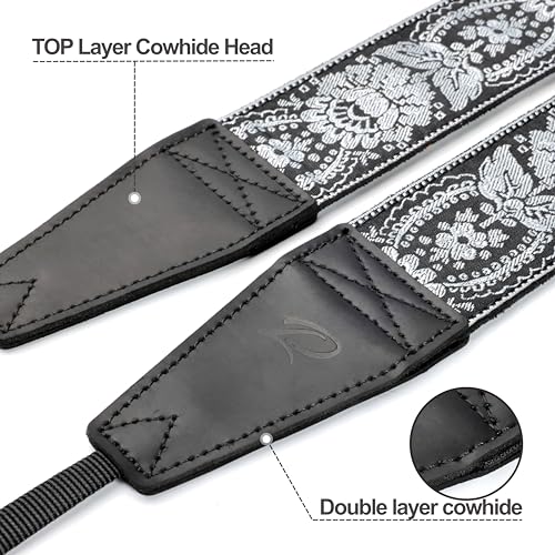 Image of Padwa Lifestyle Camera Strap - 2 inch Full Grain Leather Ends Camera Straps for Photographers, Vintage Embroidered Cotton Weave Soft Suede Fabric Padded Strap Quick Release fits All Cameras