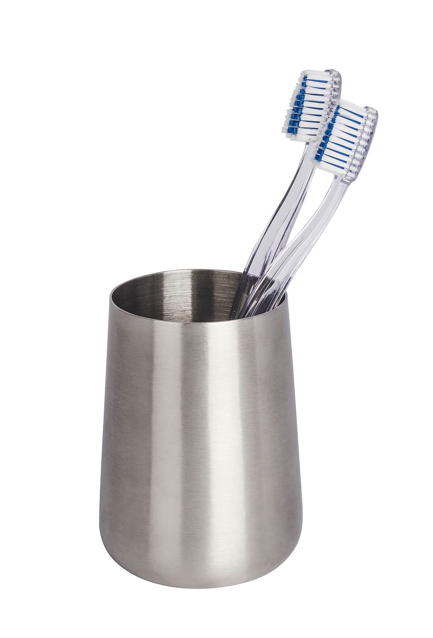 WENKO Vaso de dientes Acero Fino Solid SATINADO, Acciaio Inox antiruggine, Argento Opaco, 8 x 8 x 10 cm