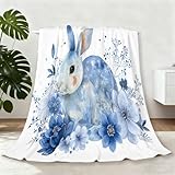Weiche Kuscheldecke - Flauschige Flanell Warmes Wohndecke 100 x 130 cm, Aquarell Blumen Tiere Kaninchen Sofadecke Waschbar Tagesdecke, Blau Flauschdecke Für Kinder Jungen Erwachsene