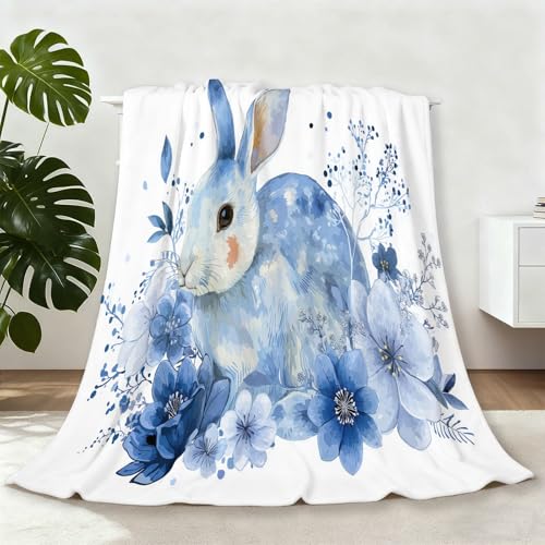 Weiche Kuscheldecke - Flauschige Flanell Warmes Wohndecke 100 x 130 cm, Aquarell Blumen Tiere Kaninchen Sofadecke Waschbar Tagesdecke, Blau Flauschdecke Für Kinder Jungen Erwachsene